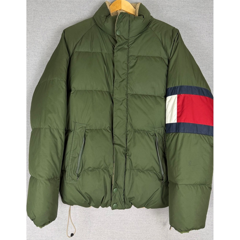 Vintage Tommy Hilfiger Puffer Jacket Olive Green Down‎ Fill Flag Logo Large FLAW